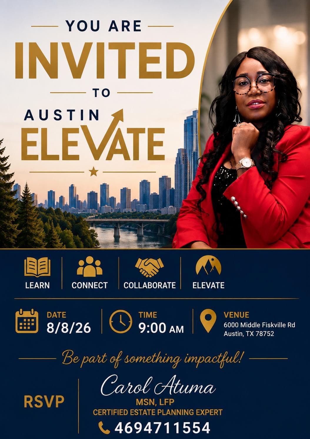 Austin Elevate event flyer — August 8, 2026 in Austin, Texas, hosted by Princess Carol Atuma, MSN, LFP