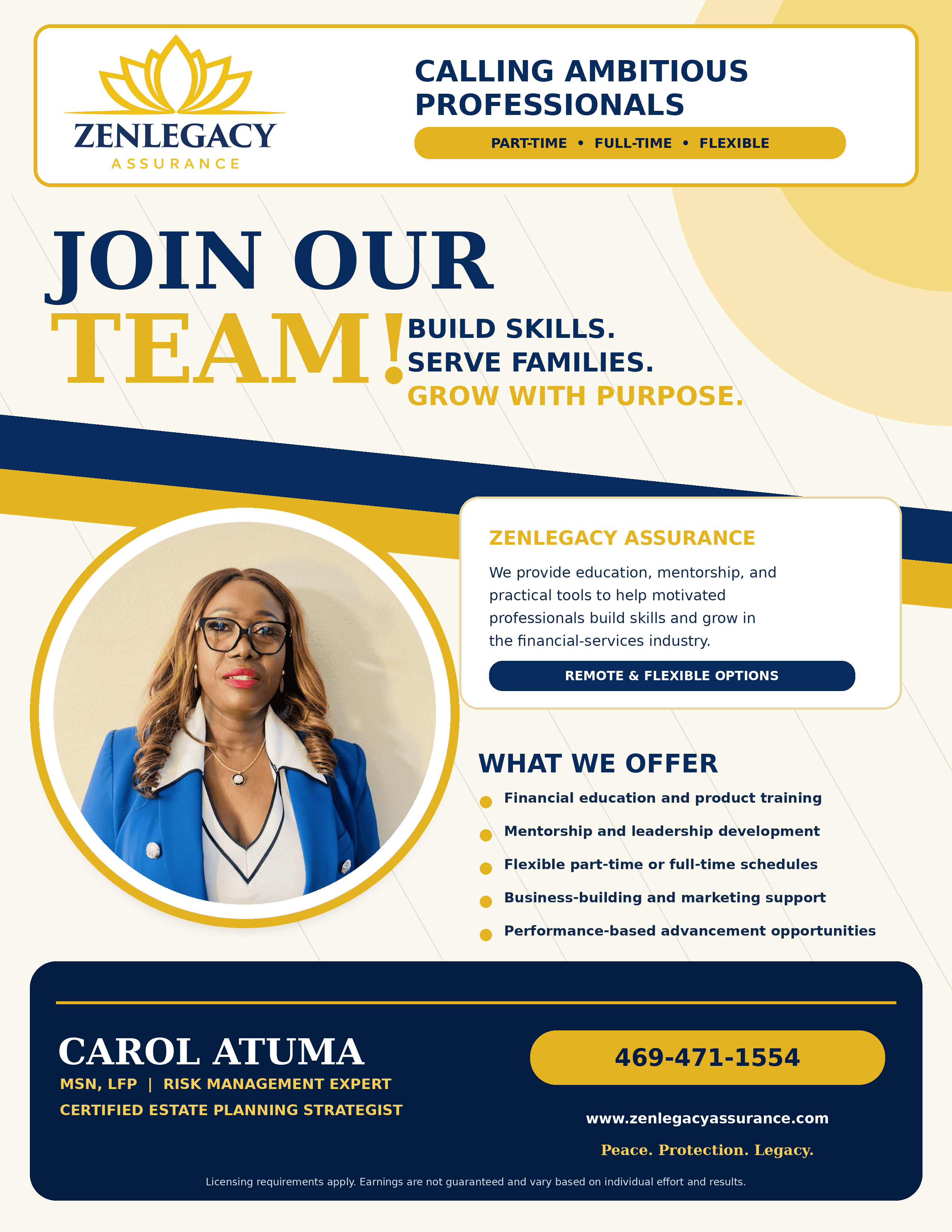 Join Our Team recruitment flyer by ZenLegacy Assurance — part-time and full-time professional opportunities