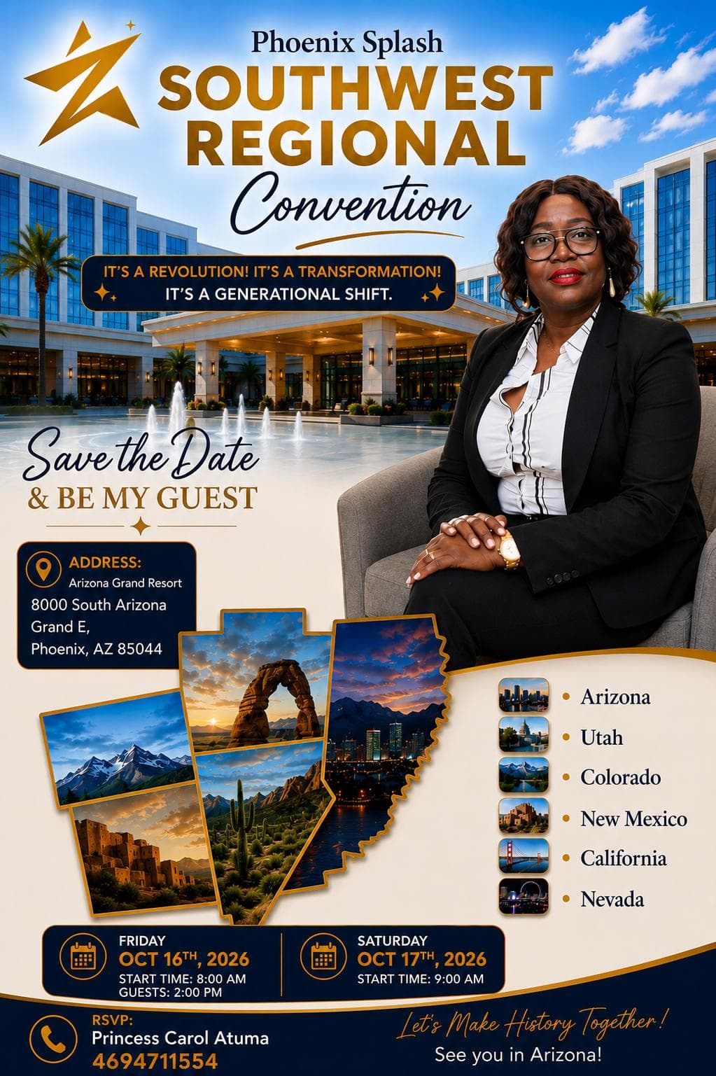 Southwest Regional Convention 2026 event flyer — October 16–17, 2026 in Phoenix, Arizona, hosted by Princess Carol Atuma