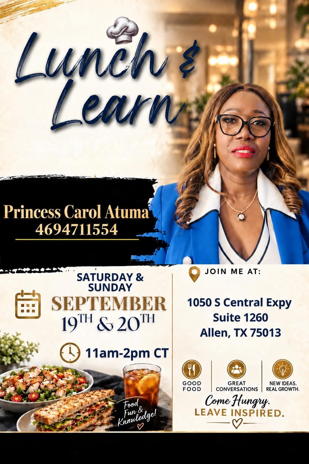 Lunch and Learn event flyer hosted by Princess Carol Atuma — September 19–20 in Allen, Texas