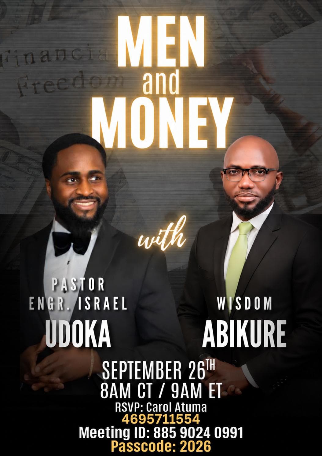 Men and Money virtual event flyer — September 26 with Pastor Engr. Israel Udoka and Wisdom Abikure, hosted by ZenLegacy Assurance